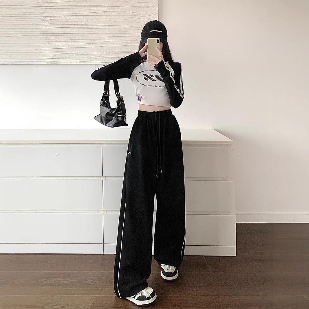 Navy Blue Striped Sweatpants for Women's Design Niche Casual Pants Loose Spring and Autumn New Straight-leg Sweatpants 4XL