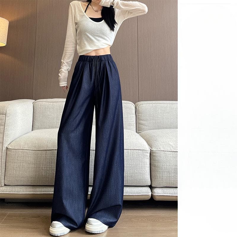 Tennis Denim Wide-leg Pants for Women In Spring and Summer New High-waist Draped Straight-leg Casual Pants Slack Drawstring XL