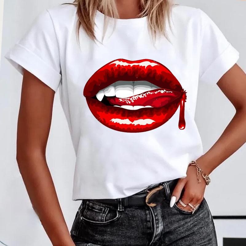 (Asian size) Short Sleeve Lip Love Sexy Trend Cute Lovely Women's Print Tee Top Summer Fashion Tshirt Woman Female Basic T Clothing Graphic T-shirts XXXXL