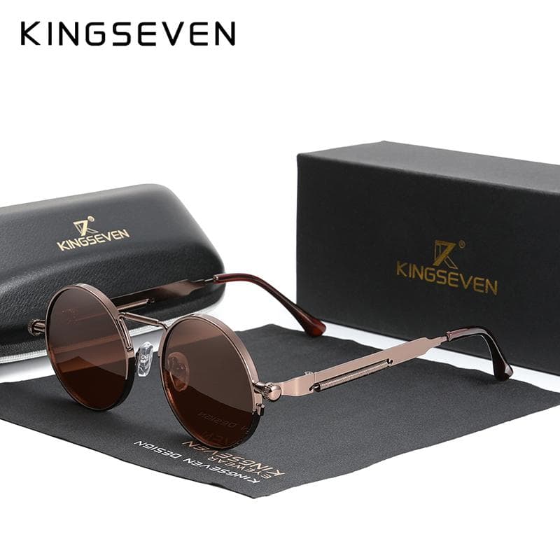 KINGSEVEN High Quality Gothic Steampunk Sunglasses Polarized Men Women Brand Designer Vintage Round Metal Frame Sun Glasses M brown