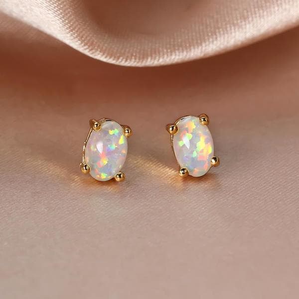 Women's Fashion Oval White/Blue Opals Charming Stud Earrings gold/white