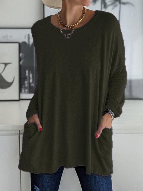 Women's Casual Spring and Summer Pocket Tunic Top O-neck Shirt Long Sleeve Shirt  Fashion Large Size Loose Solid Color T-Shirt 3XL army green