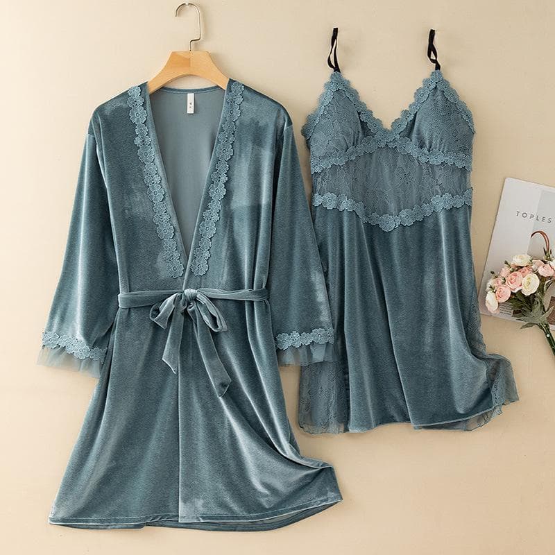 New Autumn Velvet Pajamas Two-piece Robe Set Feminine Lace See-through Robe Bathrobe Casual Velvet Home Clothes M
