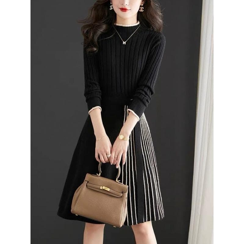 Women's Autumn and Winter Sweater Coat Knitted Dress Temperament Slim Mid-length Loose Pleated Bottoming Fashion Sweater Skirt M