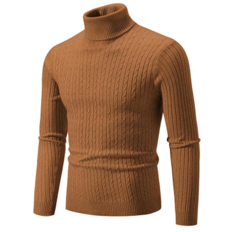 New Men's High Neck Sweater Solid Color Pullover Knitted Warm Casual Turtleneck Sweatwear Woolen Mens Winter Outdoor Tops XL brown