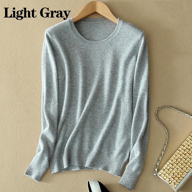 Women's Cozy Knitted Pullover Cashmere Sweater Crew Neck Fuzzy Slim Fit Red Black Wool M light gray