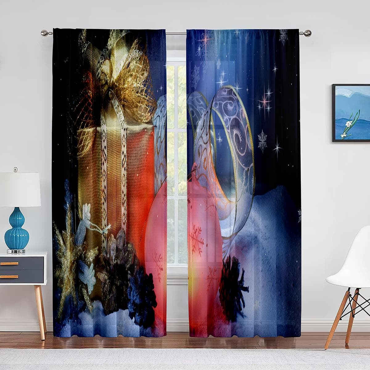 Christmas Sheer Voile Curtain Wooden Board of Xmas Tree Stars and Deer Snow Candle Window Tulle Curtains for Living Room Bedroom 1 PCS W100XH250cm&Grommet Top