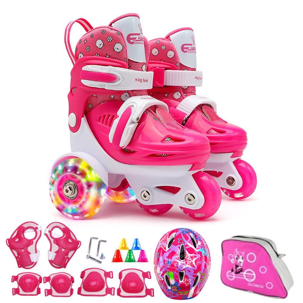 Flash Skating Shoes Kids Beginner Roller Skating Shoes Set Children Skates with Kneepad Elbow Pads S pink