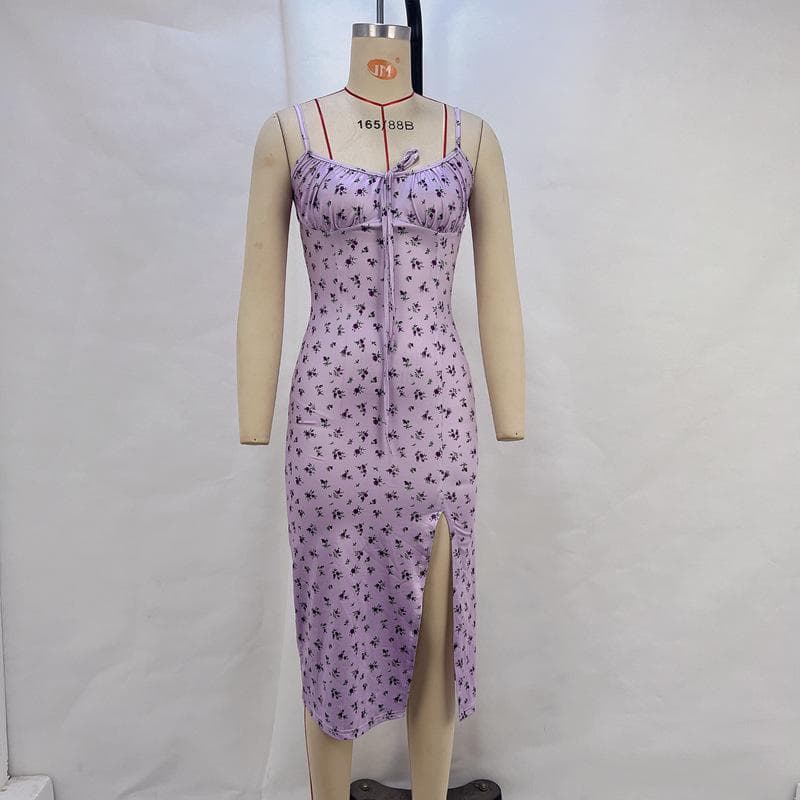 Women's Summer Suspender Floral Slit Dress Women's Skirt L