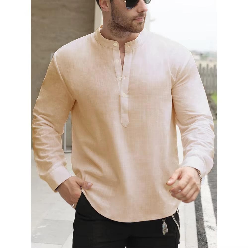 Premium White Cotton Linen Henley Shirts for Men Lightweight Long Sleeve Casual Streetwear Everyday Wear US M 60-70 KG khaki