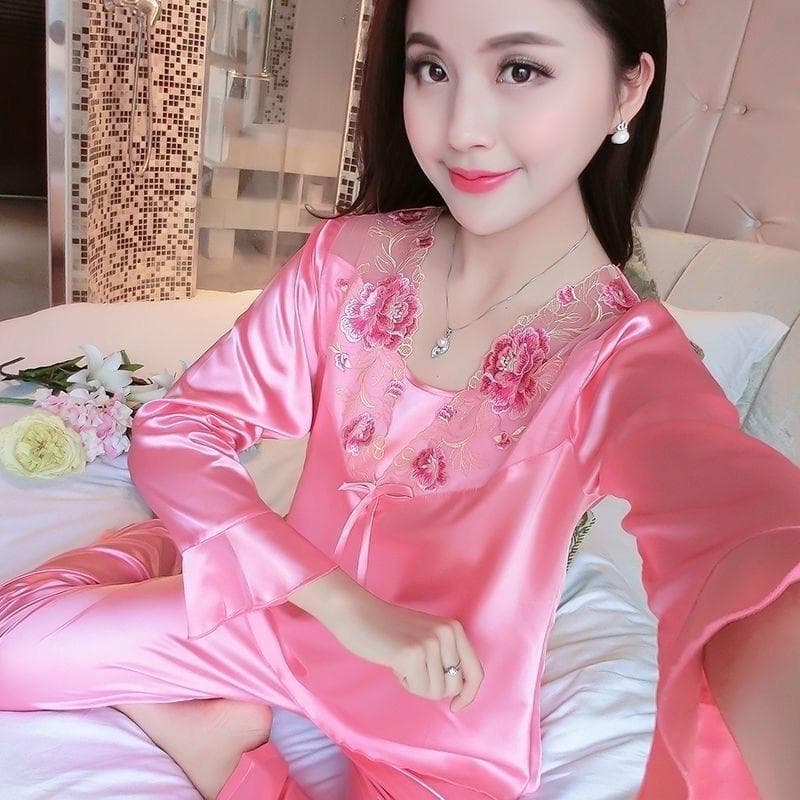 Ice Silk Kawaii Clothes Women Sleepwear Big Size Long Sleeve Pants Pajama Sets Lace Loungewear Sets Korean Spring Autumn Pajamas 4XL