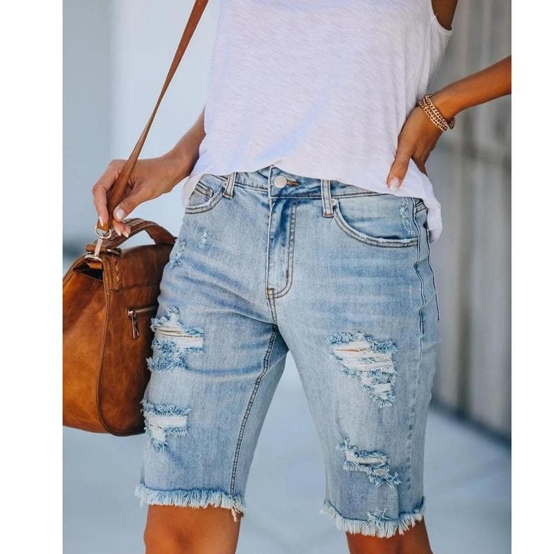 Women's Mid-rise Ripped Jeans Casual Zipper Jeans Knee-high High Street Wear Denim Shorts XXL blue