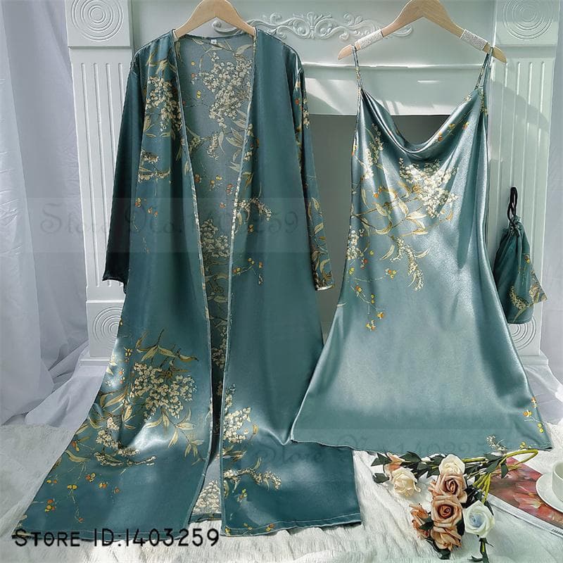 New Female 4PCS Pajamas Set Spring Summer Satin Sleepwear Intimate Lingerie Print Cherry Flower Nightgown Loose Home Clothes XL