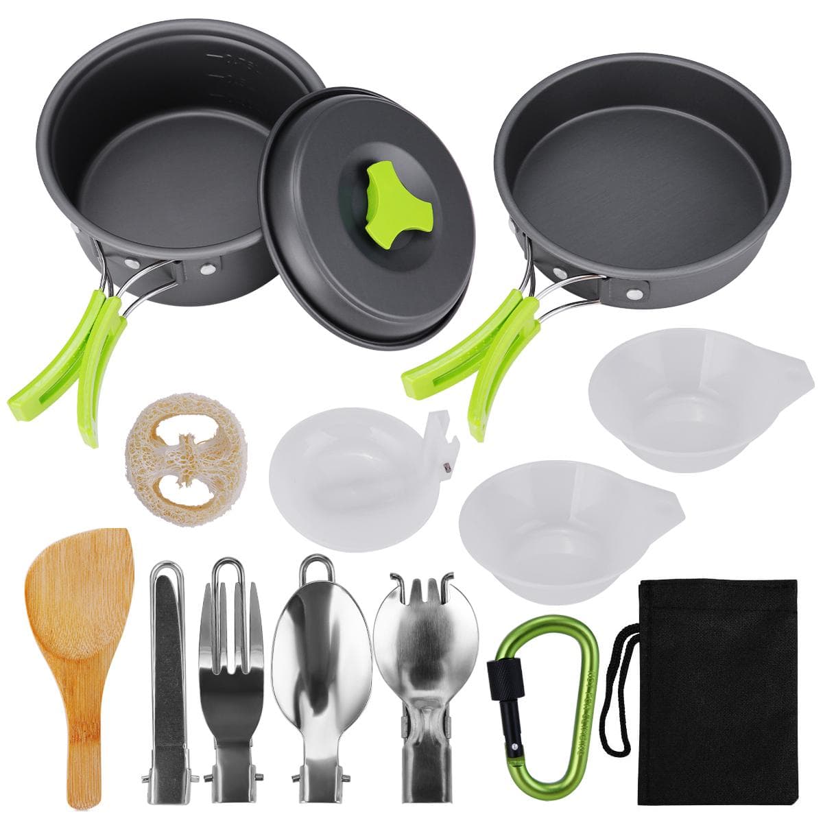 Camping Cookware, 15Pcs Backpacking Gear Hiking Outdoors Non Stick Camping Cookware Set 1-2 People Lightweight Compact Durable Pot Pan Bowls silver