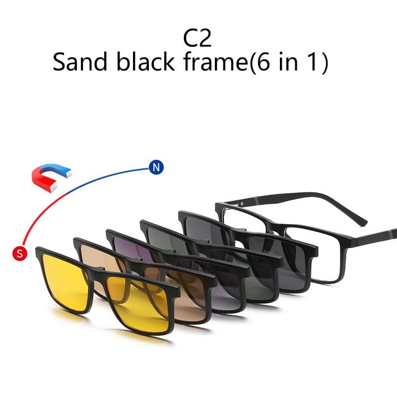 Magnetic Clip-On Sunglasses Night Vision Driving Glasses for Myopic Transparent Grey Frame 6 in 1