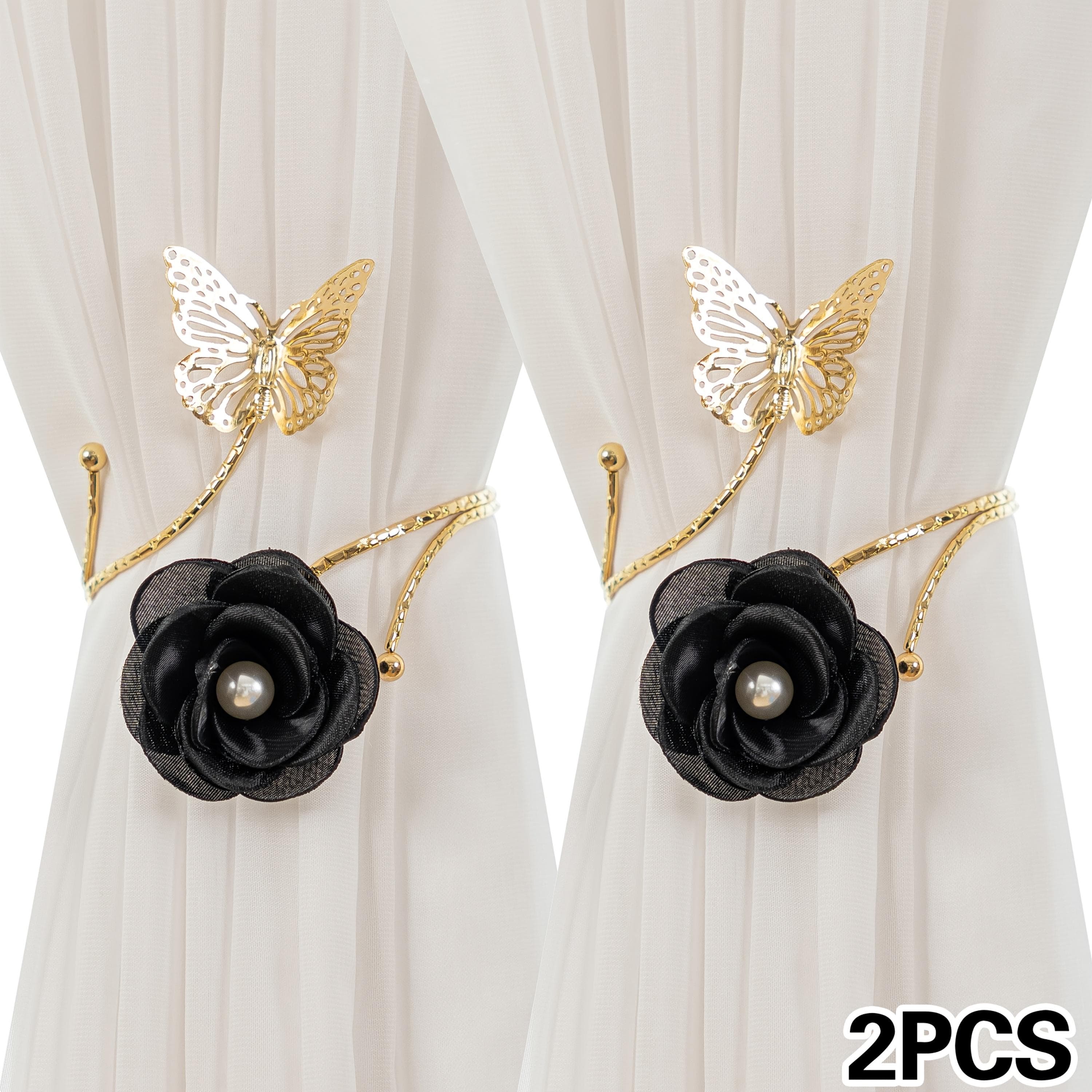 2Pcs Golden Metal Hollow Butterfly Curtain Ties Faux Pearl Flower Design Adjustable Curtain Clips Curtain Holder Suitable for Bedrooms, Living Rooms