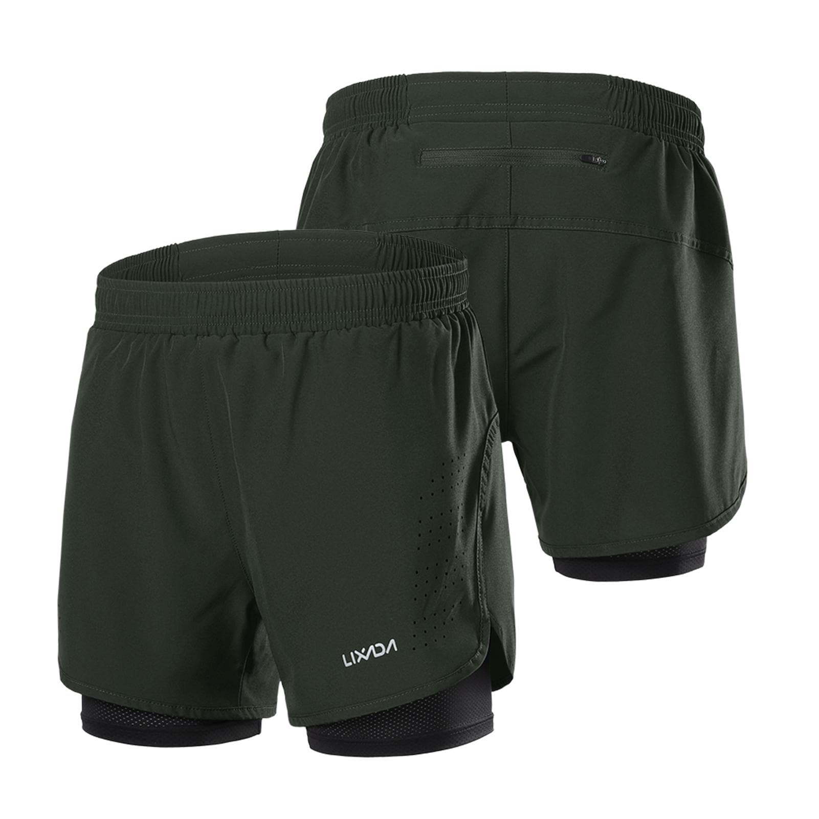 Lixada Men's 2-in-1 Running Shorts Quick Drying Breathable Active Training Exercise Jogging Cycling M army green