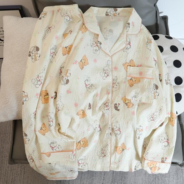 Women's Pajamas Set Autumn Sweet Cute Bear Pattern Long Sleeve Sleepwear Cotton Leisure Home Clothes Nightw Ear Pant Outfits XL