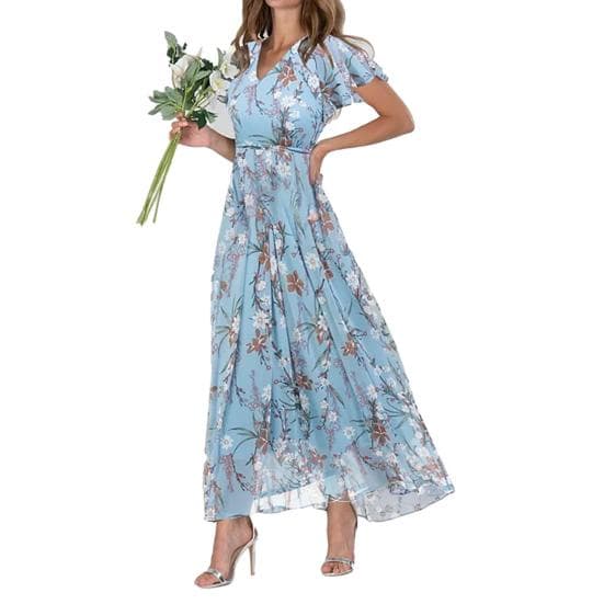 Maxi Dress Ruffle Short Sleeve Dressing Up Soft Charming Women Floral Print Casual Dress Streetwear L lake blue