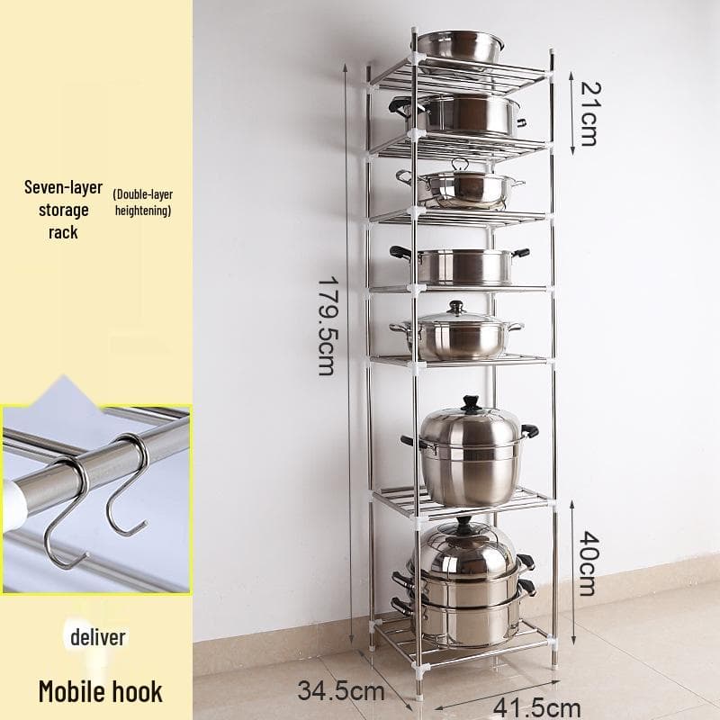 Stainless Steel Multi-Layer Floor-Standing Rack for Kitchen and Bathroom Basin and Pot Storage
