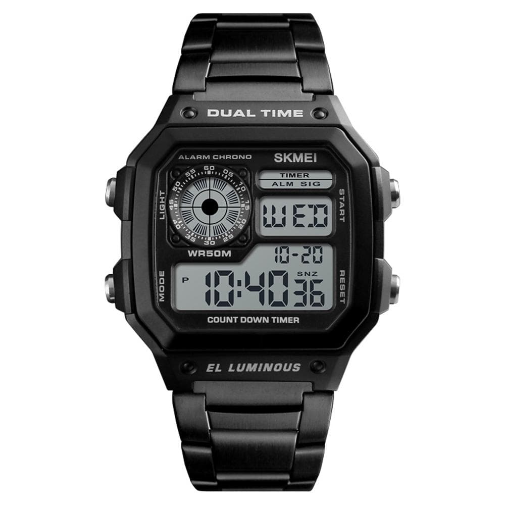 SKMEI Sport Stainless Steel Men Watch 5ATM Water-resistant Digital Backlight Man Wristwatch Male black
