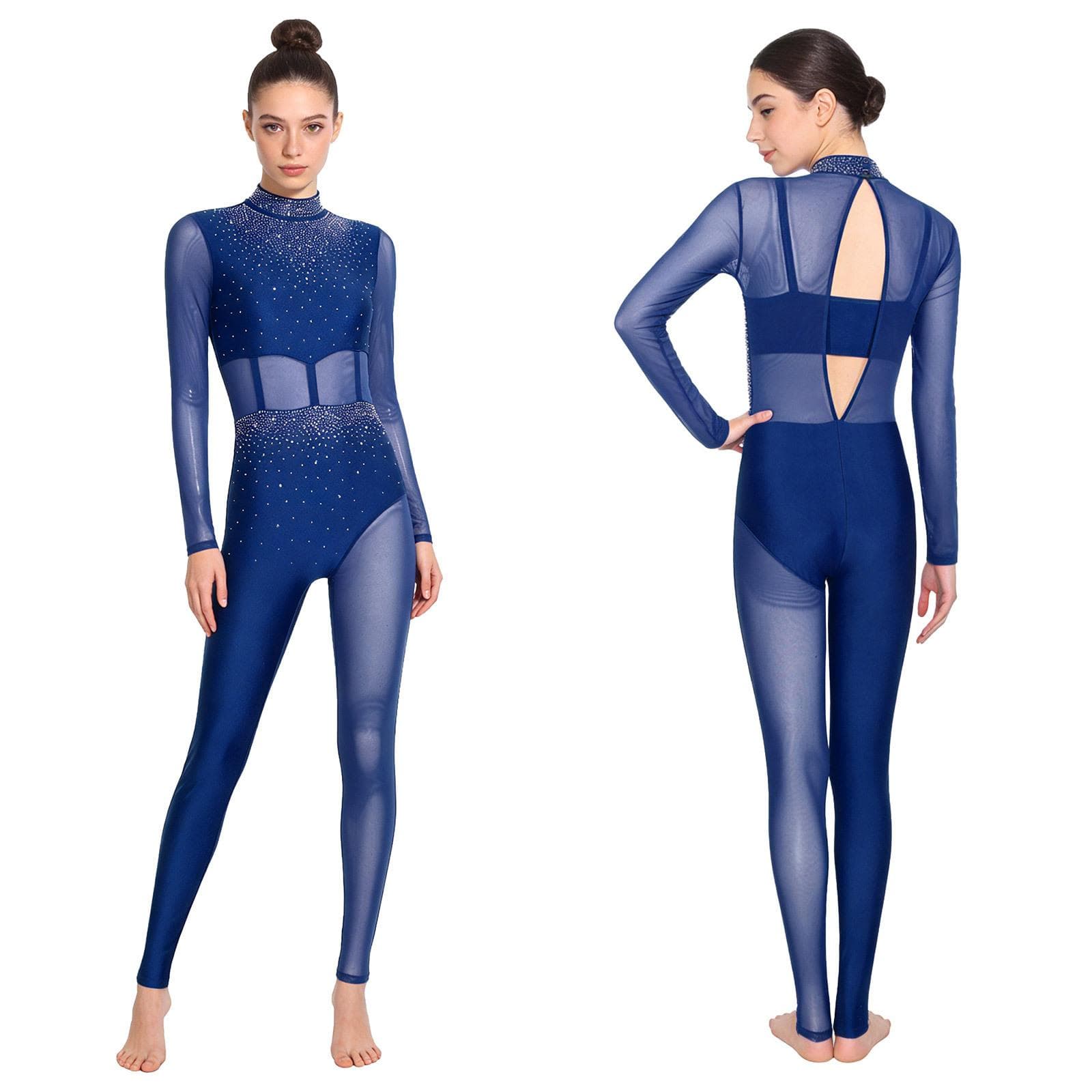 S-XXL Women's Gymnastics & Figure Skating Unitard: Rhinestone Sheer Mesh Patchwork with Cutout Back, Full-Body Performance Wear S navy blue