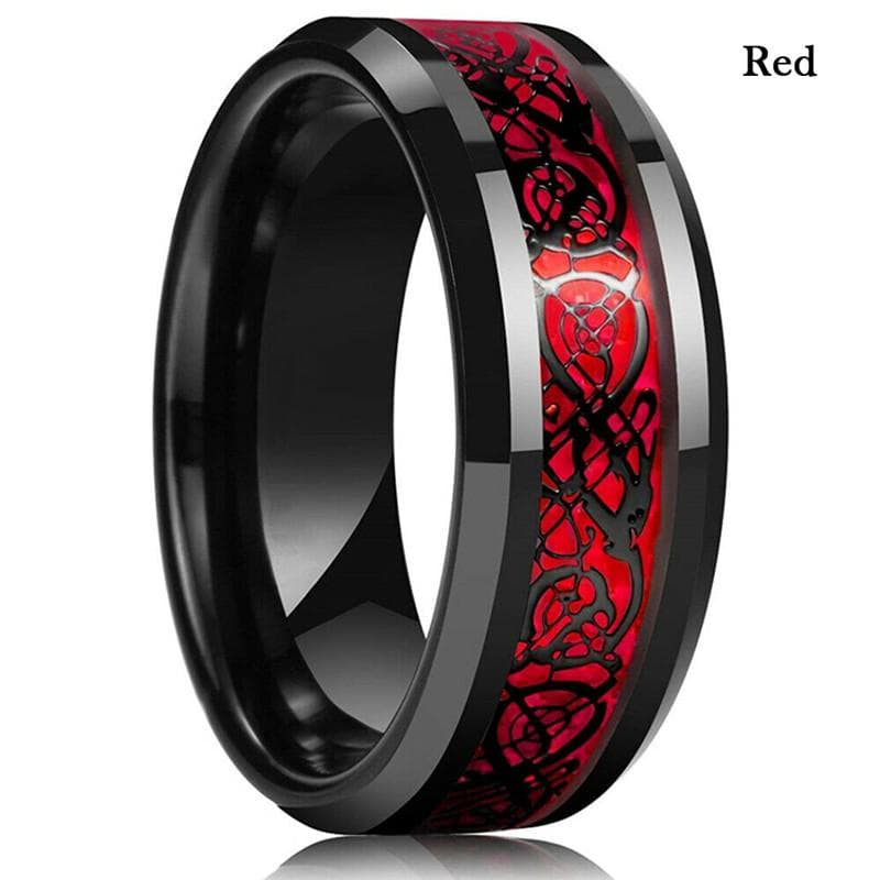 8 Colors 8mm Men's Stainless Steel Dragon Ring Inlay Red Green Black Carbon Fiber Ring Wedding Band Jewelry Size 7-12 9 red