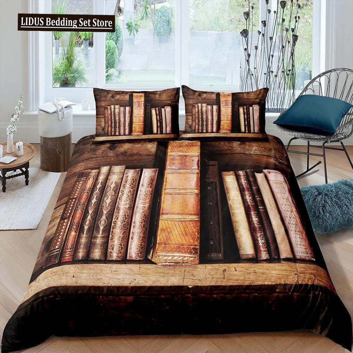 Books Lovers Gift Duvet Cover Set Full Size,Readers And Literary Lover Bedding Sets,Vintage Librarians Bookshelf Comforter Cover EU Single 135x200cm