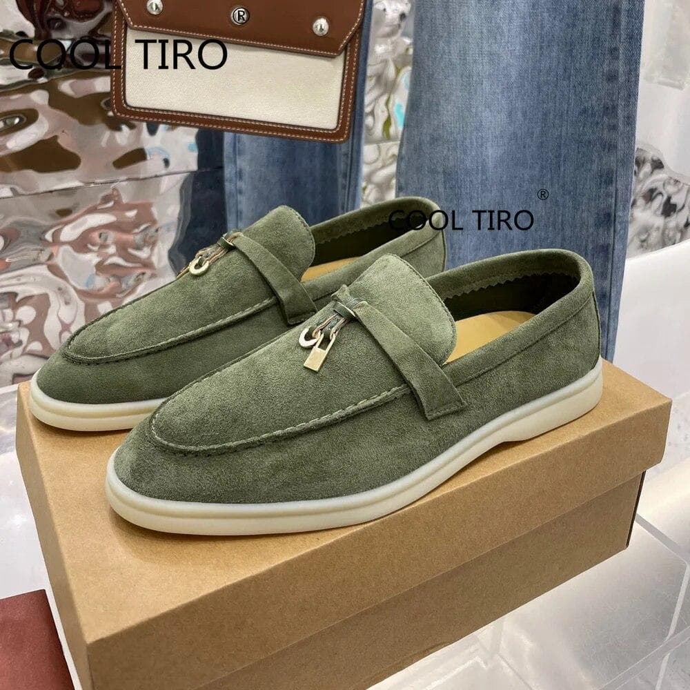 Woman Flat Shoes Slip On Women Loafers Leather Metal Lock Blue Suede Moccasins Mules Casual Driving Shoe Summer Walk Shoes Femme 40