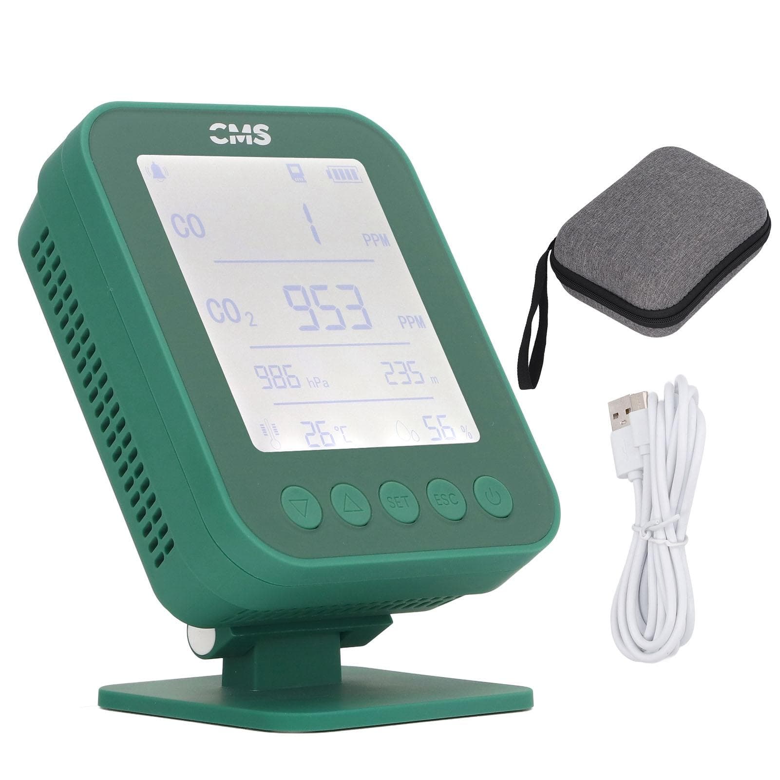 Altitude Pressure Detector 6 in 1 Multifunction USB Charging CO CO2 Temperature Humidity Monitor green