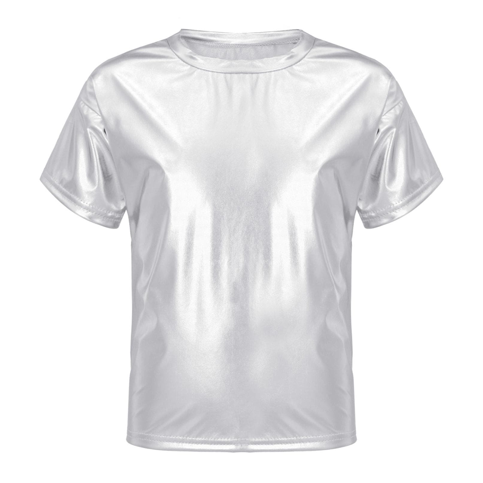 Kids Boys Girls Shiny Metallic Short Sleeve T-Shirts Dance Performance Tops Party Sparkly Outfits 2-3 Years silver