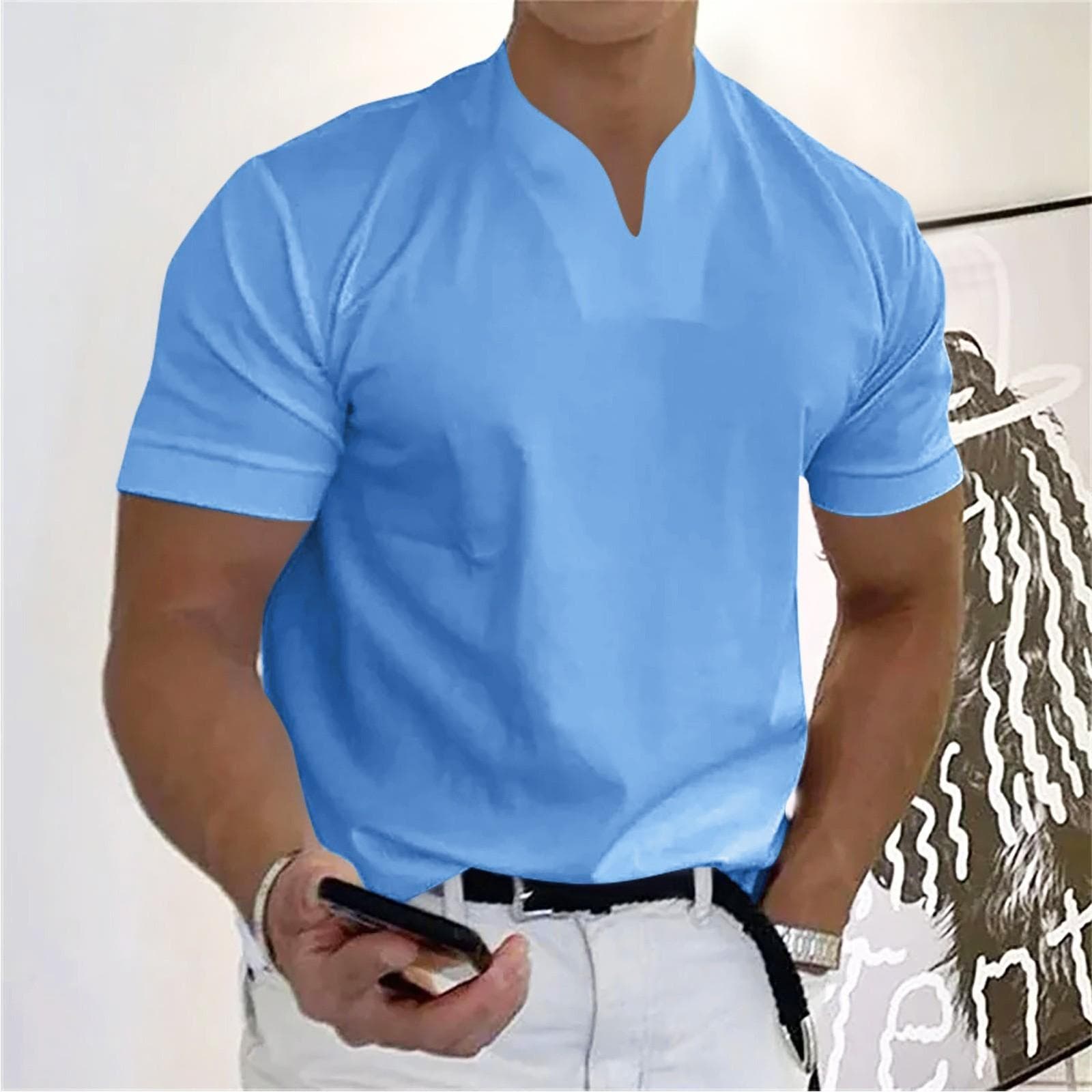 Men's Casual Solid Color V-Neck Gentleman's Business Short Sleeve Fitness T-Shirt L