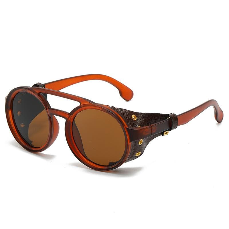 Retro Sunglasses Men Women Leather Round Vintage Goggles Anti Wind UV400 Outdoor Sports Eyewear Gafas De Sol 1PC