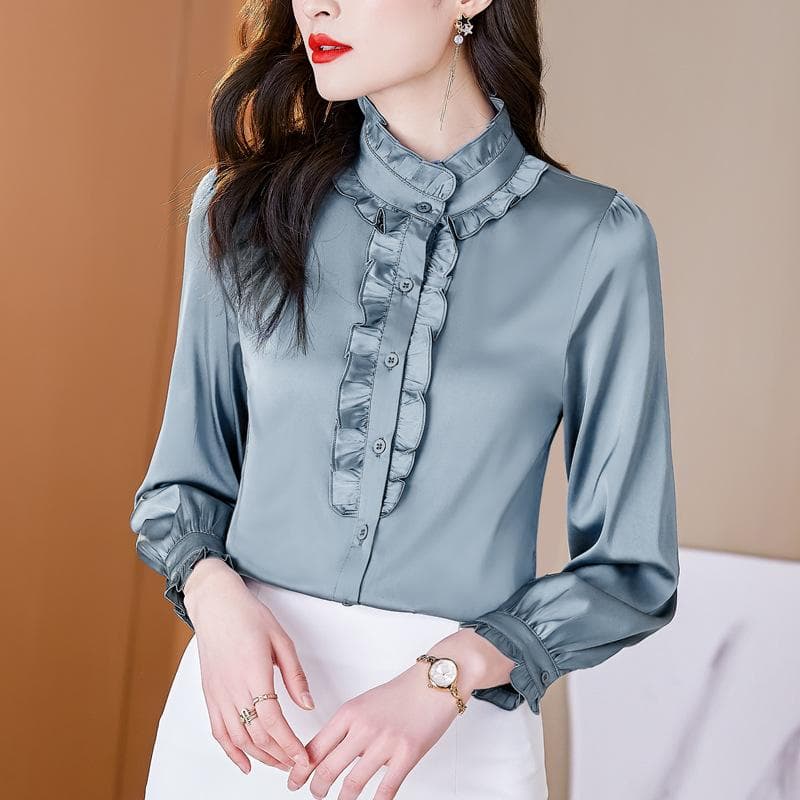 Early Autumn Top Design Sense Mulberry Silk Luxury Shirt Women's Long-sleeved Shirt New Style Shirt 3XL blue