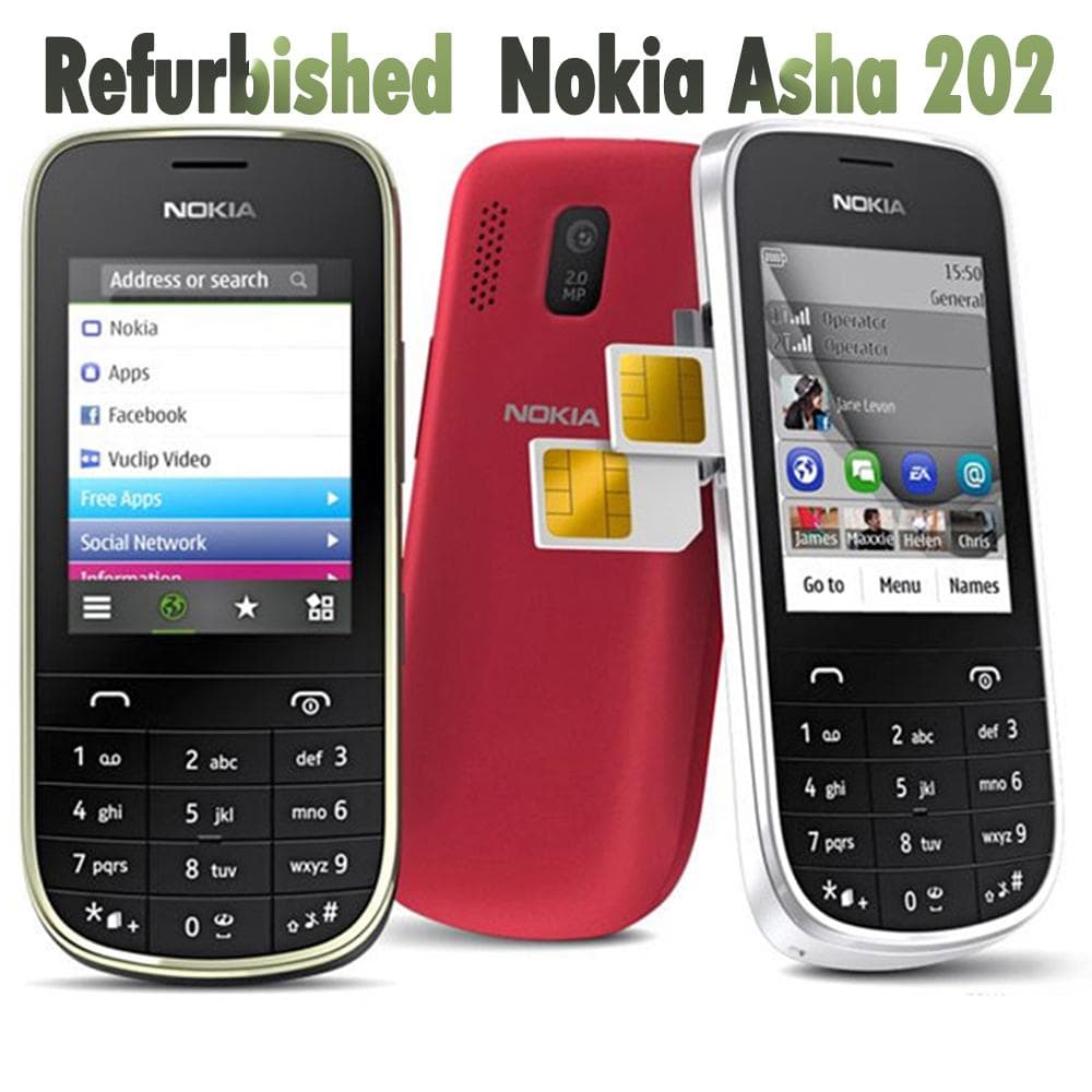 Refurbished Nokia Original Nokia Asha  202 Mobile Phone With 2 SIM 1 Battery 1 Charger black