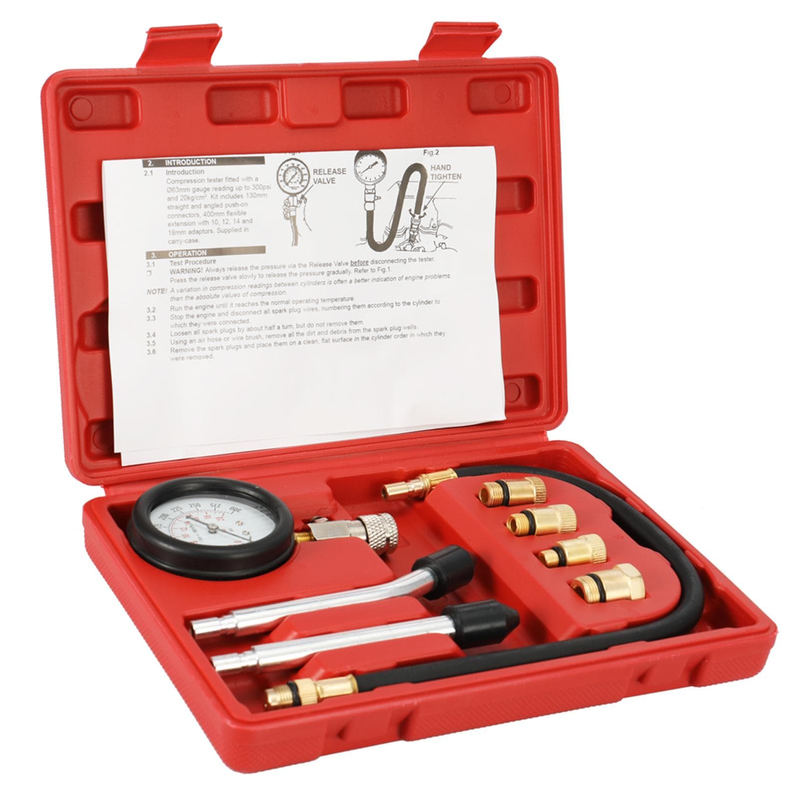 8PCS Gasoline Engine Compression Tester Cylinder Compression Gas Engine Set Automotive Tool Gauge for Car & Truck red