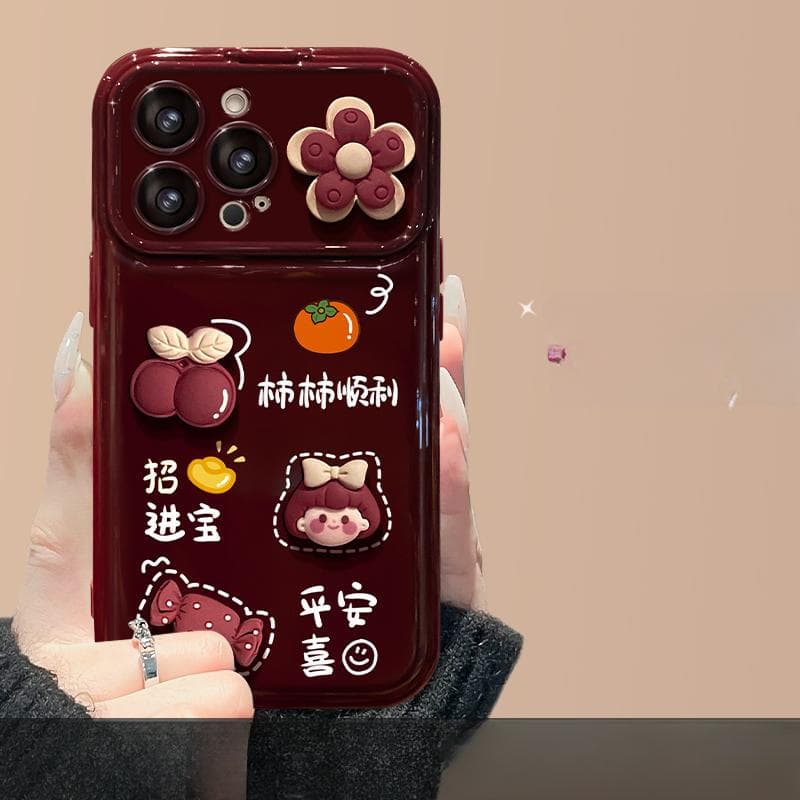 Flower Girl Doll Lanyard Suitable for Apple 15 Burgundy Mobile Phone Case Iphone14 Large Window 13 Flip Mirror Redmi K40/K40Pro