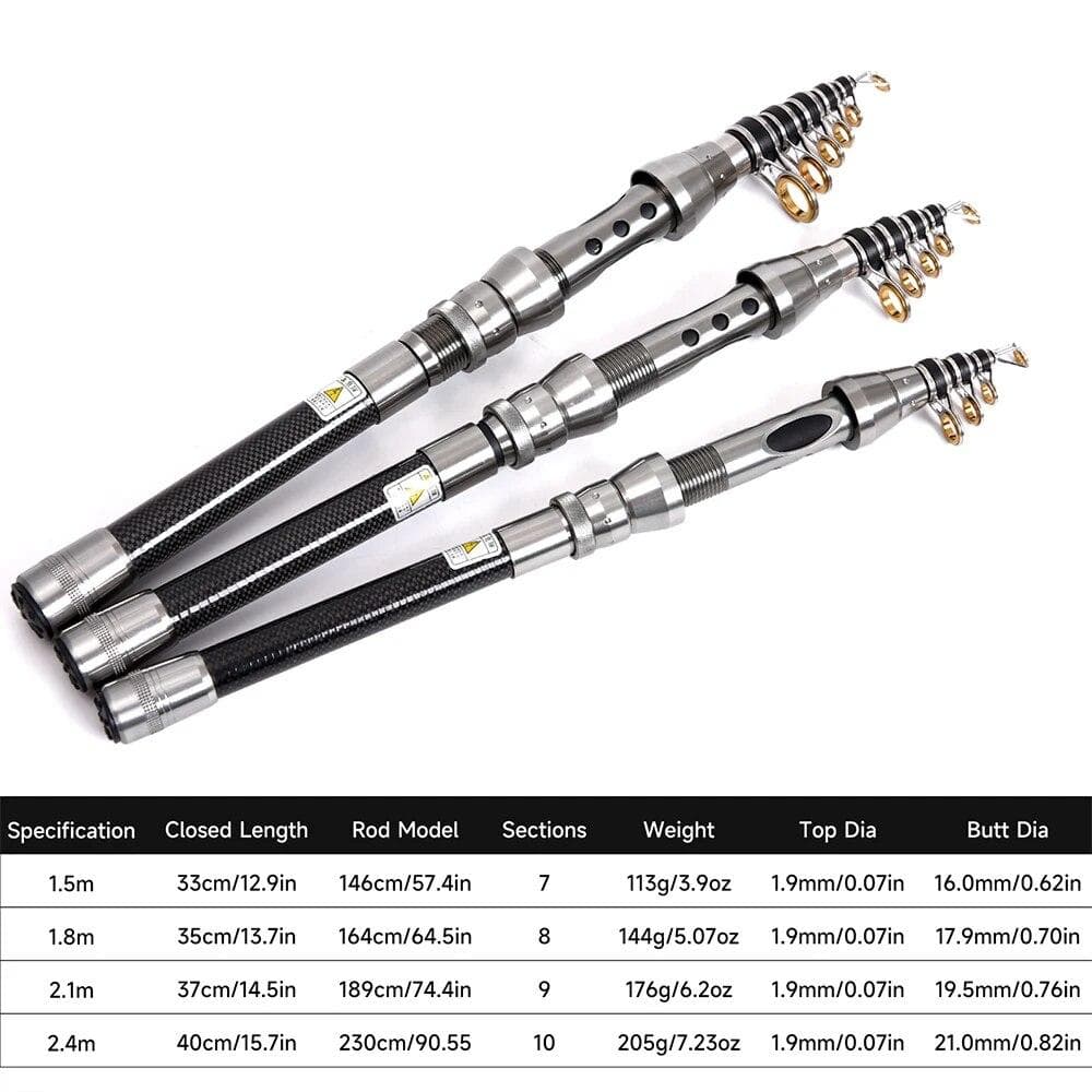 LEOFISHING Carbon Telescopic Fishing Rod Mini Pocket Size Ultra Light Spinning Rods 1.5M 1.8M 2.1M 2.4M Fishing Goods Accessory 1.5m black