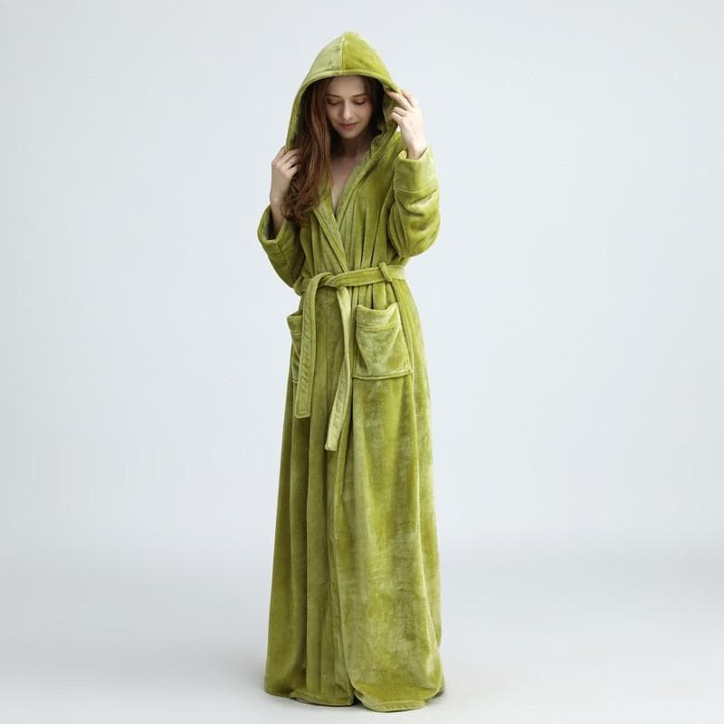 Extra Long Winter Coral Fleece Bathrobe Women's Hooded Warm Kimono Bathrobe Comfortable Kimono Shower Robe Loose L