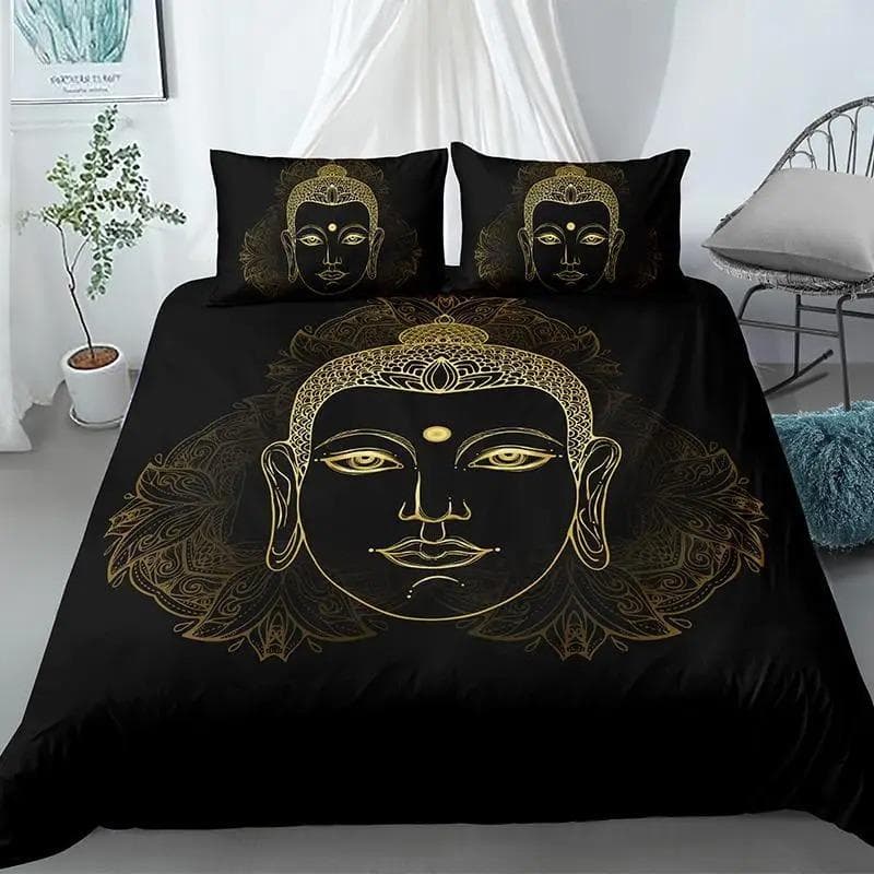Buddha Duvet Cover Set King Size Exotic Ethnic Bohemian Bedding Set Microfiber Golden Buddha Statue Print Gorgeous Quilt Cover 70x133cm 2pcs