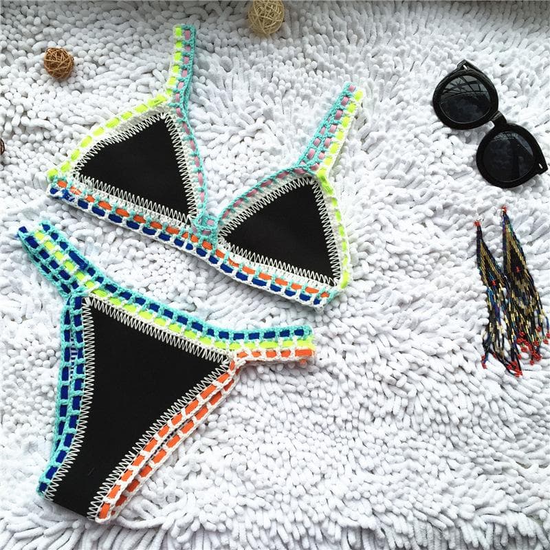 Bikini Women Handmade Crochet Knit Swimwear Halter Patchwork Bathing Suit Swimsuit Biquini Thong Bikini S orange/black