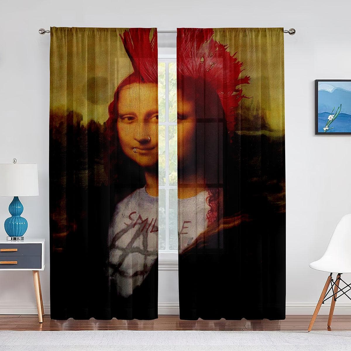 Mona Lisa and Funny Kittens Painting Tulle Curtain for Bedroom Window Curtain Luxury Cafe Hotel Decor Living Room Sheer Drape 1 PCS W250XH250cm&Grommet Top