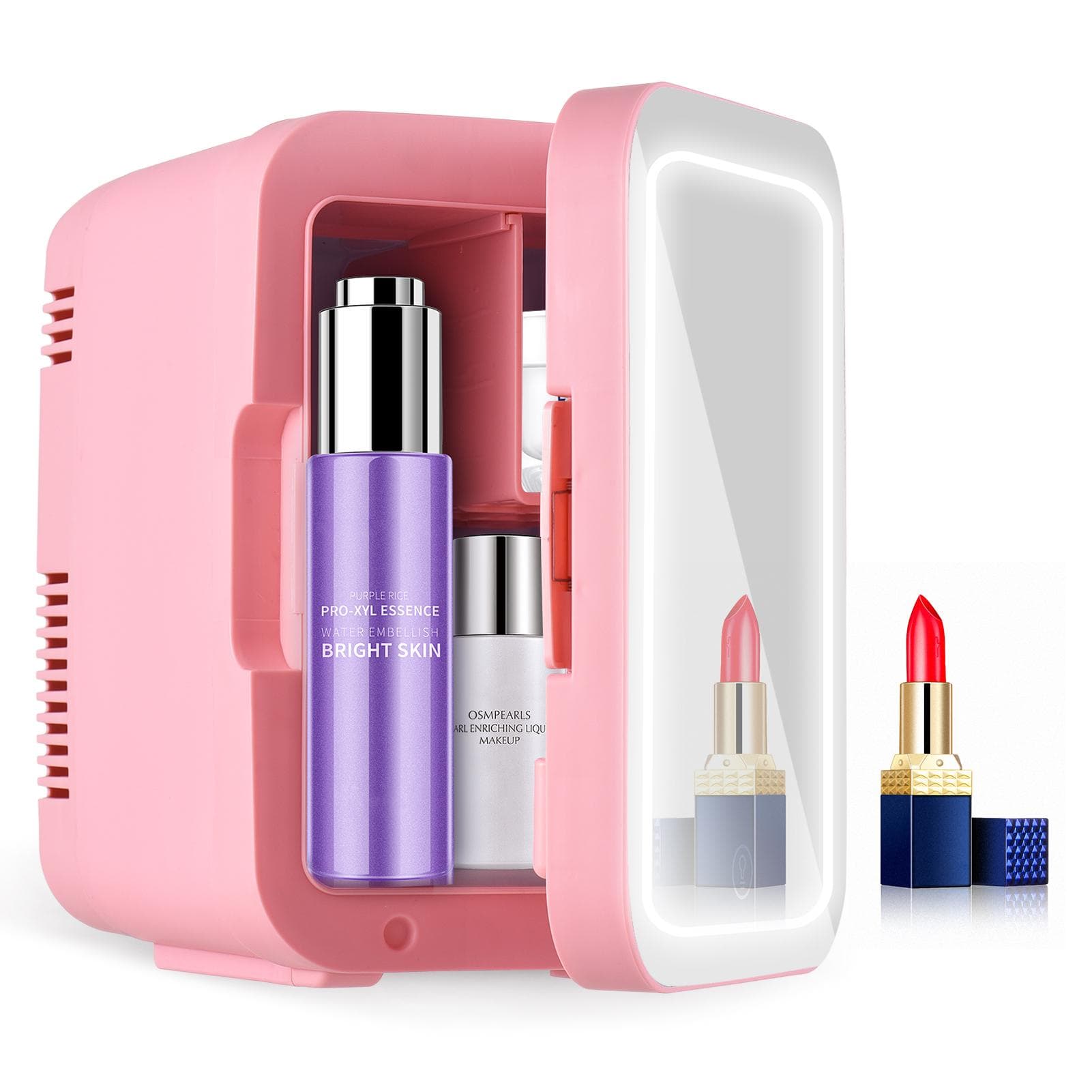 Aoresac Mini Fridge 4L Capacity Portable Cooler and Warmer Skincare Fridge with Dimmable LED Mirror US Plug pink