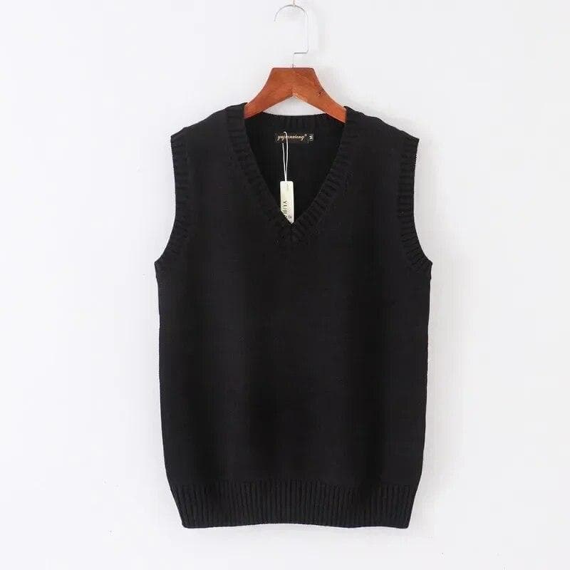 Solid Knitted Sweater Vest Women Fashion V-neck Office Lady Knitwears Autumn And Winter Sleeveless Women Vests Sweaters 29875 XL black