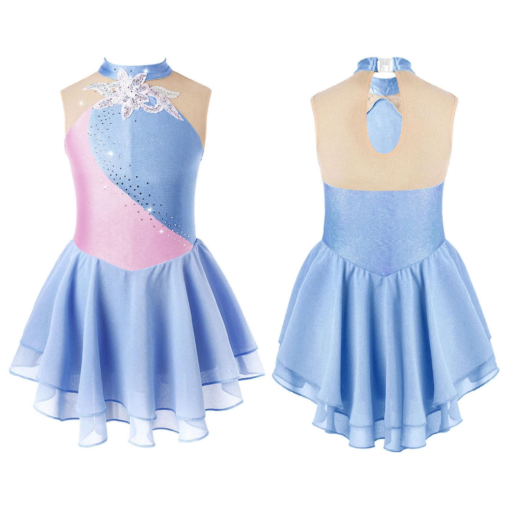 Gymnastics Leotards for Girls Sleeveless Rhinestone Ice Skating Dress Floral Dance Dresses 7-8 Years blue