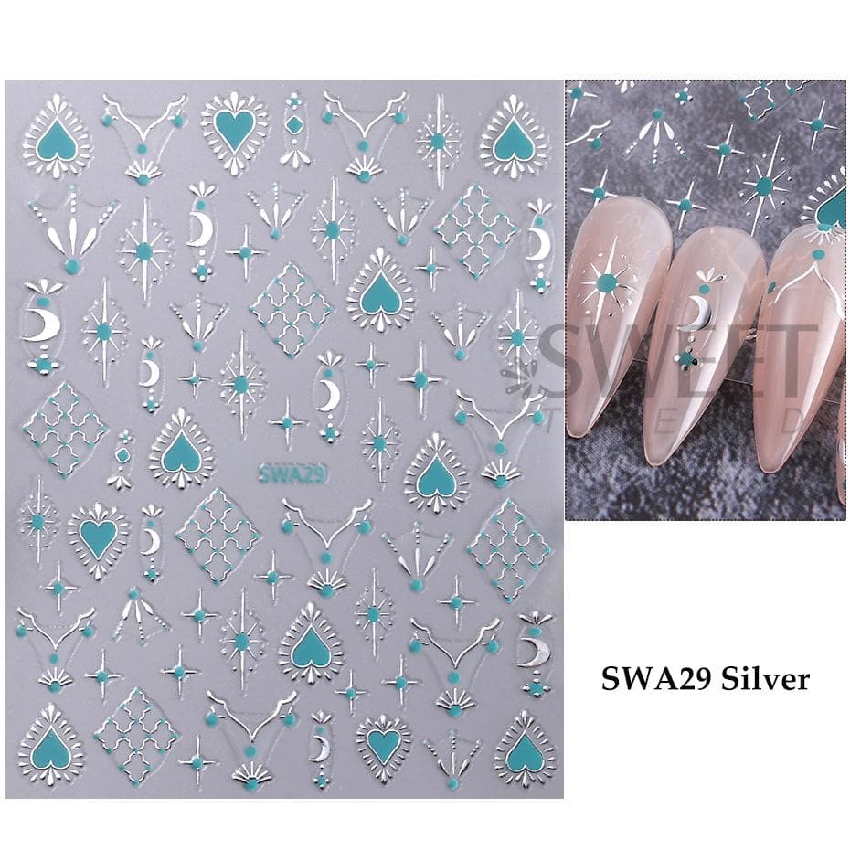 Metallic Bohemian Style Nail Sticker Gold Silver Lace Lines Love Heart 3D Holographic Manicure Sliders Nail Decoration silver