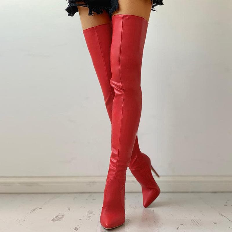Plus Size 34-47 Sexy Over The Knee Boots Women High Heels Shoes Ladies Thigh High Boots Spring Leather Long Boots Female Shoe 45 red