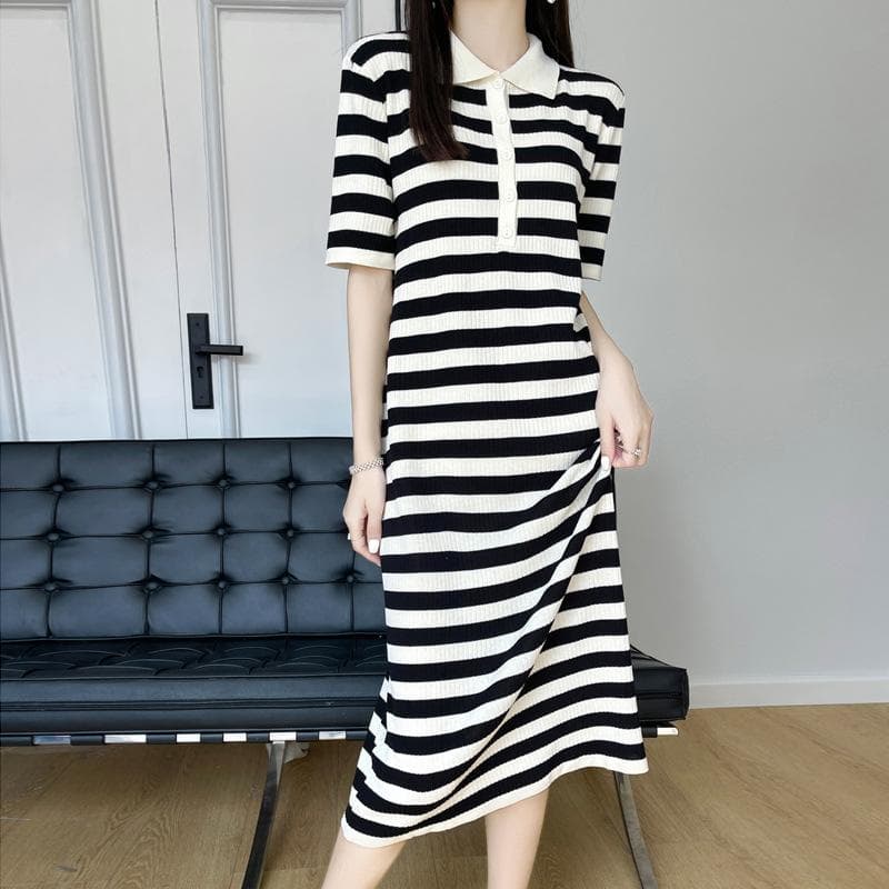 Summer New Ice Silk Knitted Skirt Polo Collar Mid-length Dress for Women Loose Casual Stripes Refreshing Versatile Skirt One size beige