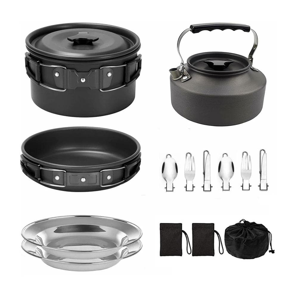 Camping Cookware Set Non-Stick Lightweight Pot Pan Kettle Set with Stainless Steel Plates and black