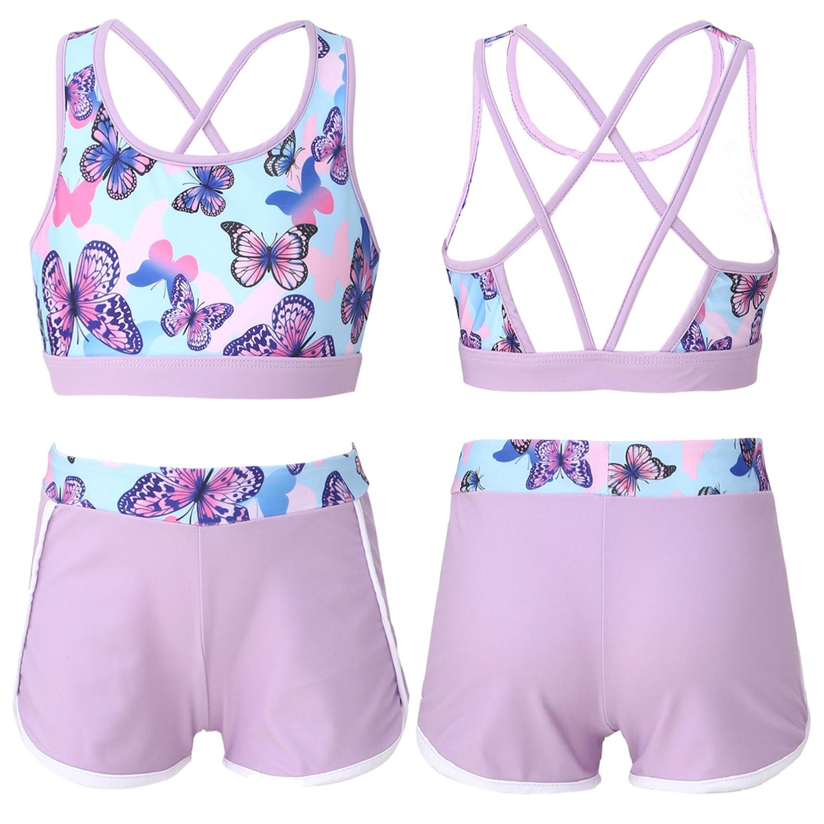 Kids Girls 2pcs Tankini Set Criss Cross Tank Top with Boyshorts Summer Beachwear Swimsuit 9-10 Years lavender